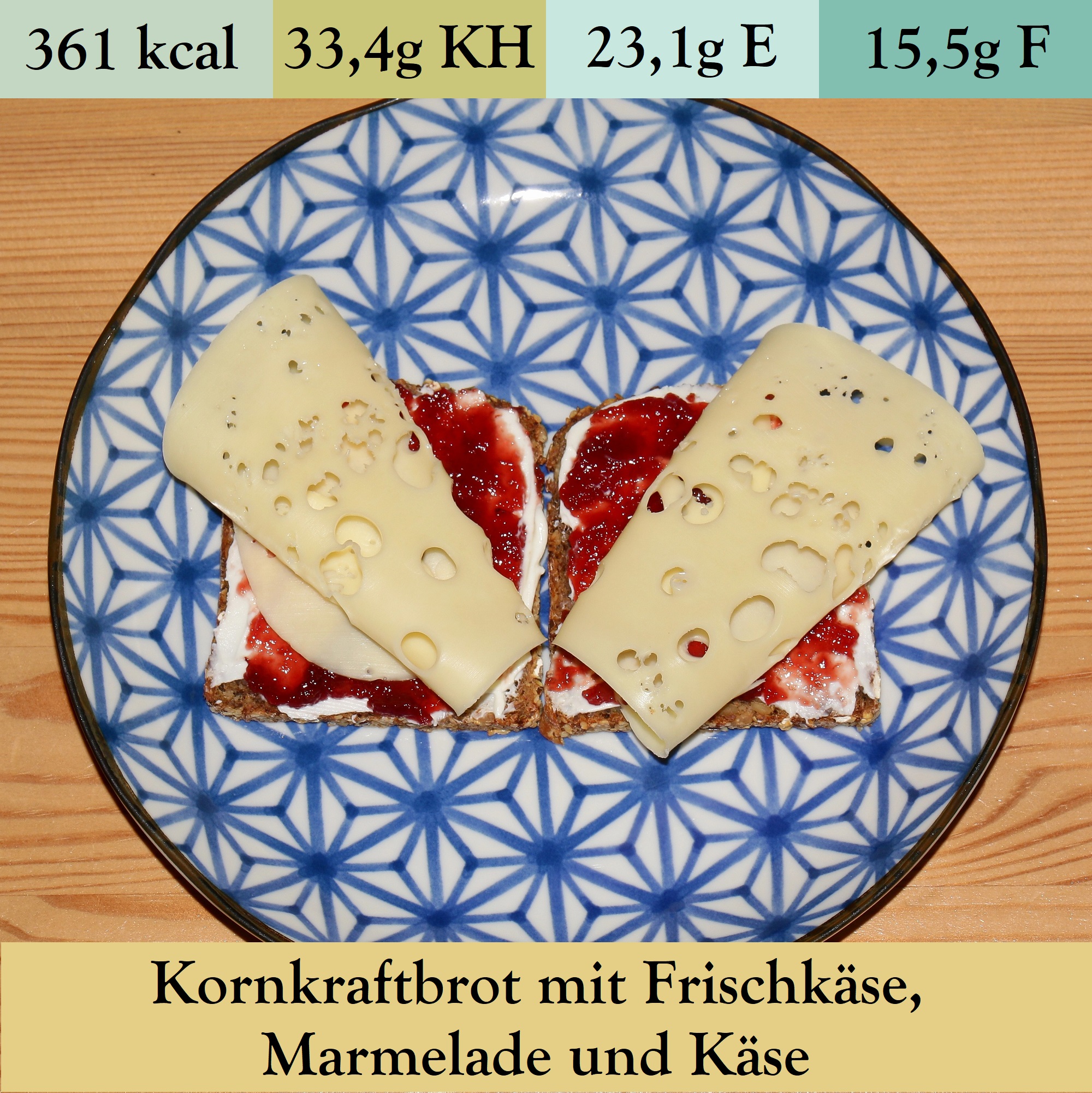 Kornkraftbrot mit Frischkäse, Marmelade und Käse (4)